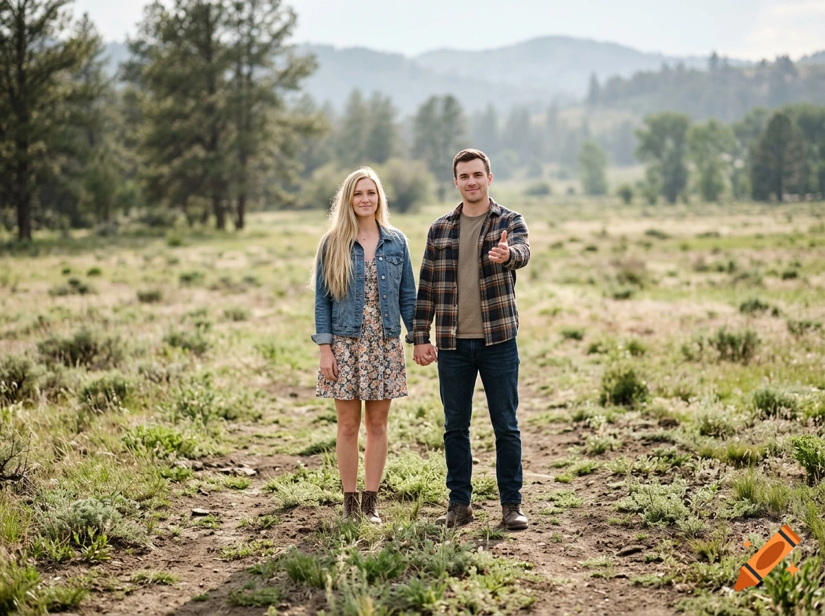 A young man and woman holding hands while standing outdoors in a field with mountains in the background.