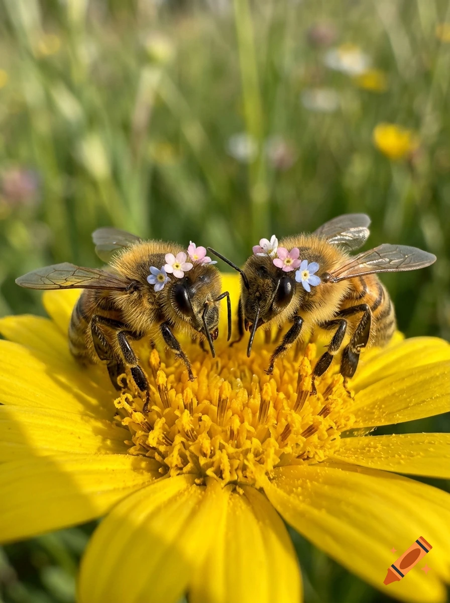 Close-up photorealistic image of two bees perched on a yellow flower, wearing tiny flower crowns.