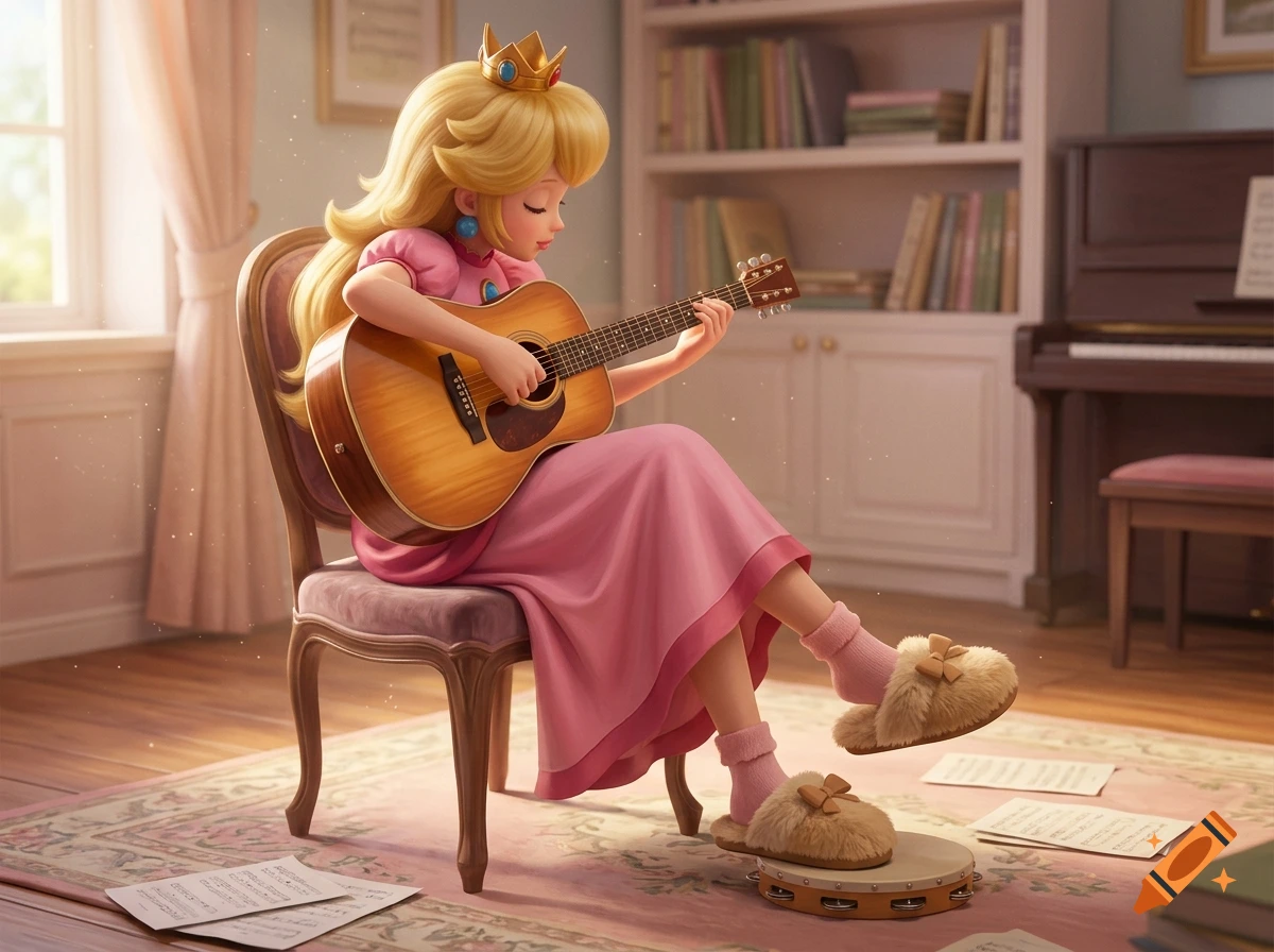 3D render of Princess Peach sitting in a chair, playing an acoustic guitar in a cozy room with sheet music scattered on the floor.