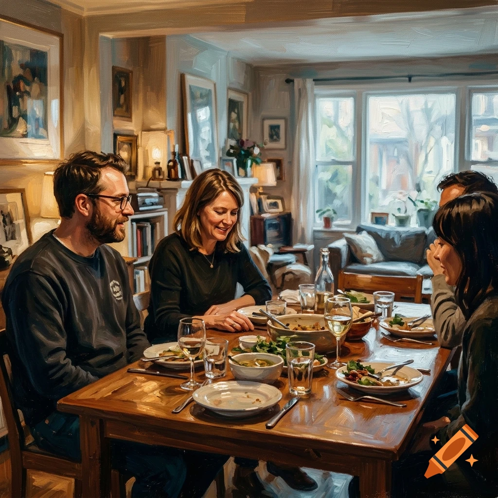 Oil painting of four people enjoying a meal together around a wooden dining table in a cozy, well-lit living room.
