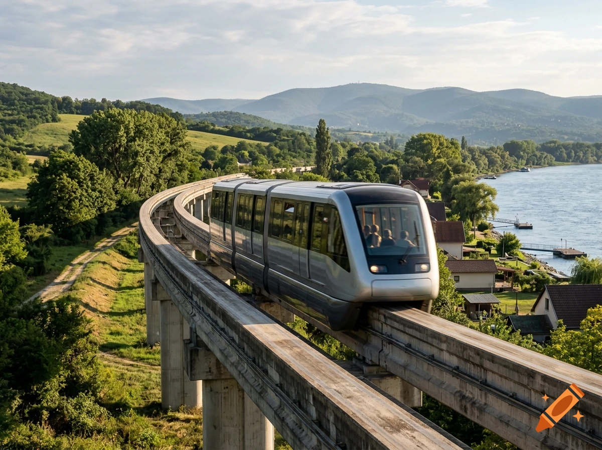 Photorealistic view of a modern silver monorail traveling on elevated concrete tracks alongside a river and lush green hills.