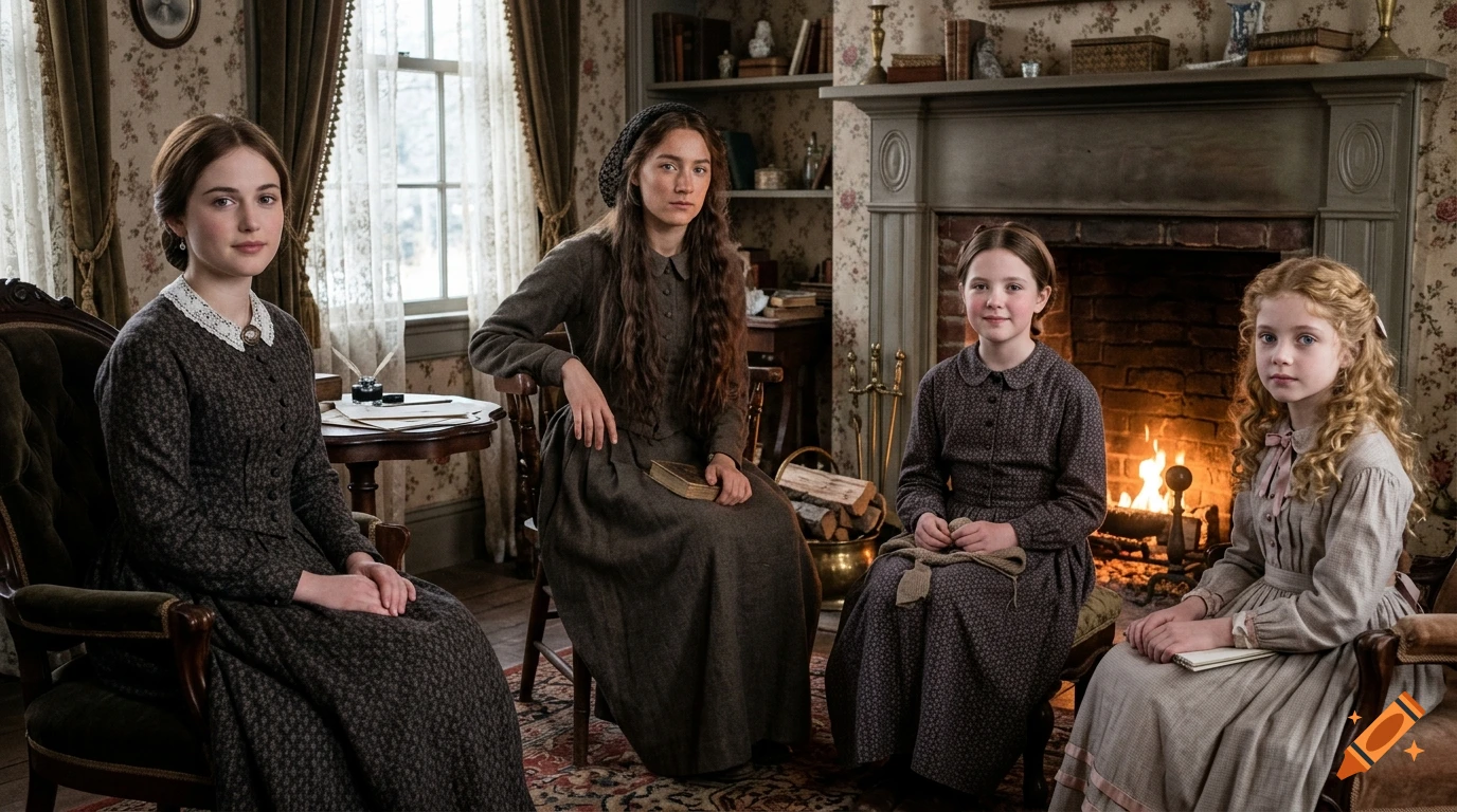 Four women in period-appropriate historical attire seated together in a cozy, traditionally decorated parlor with a fireplace.