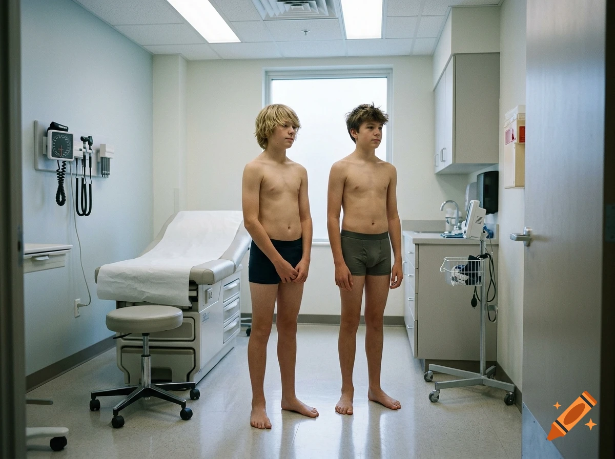 Two adolescent boys standing in a hospital examination room wearing briefs, photorealistic.