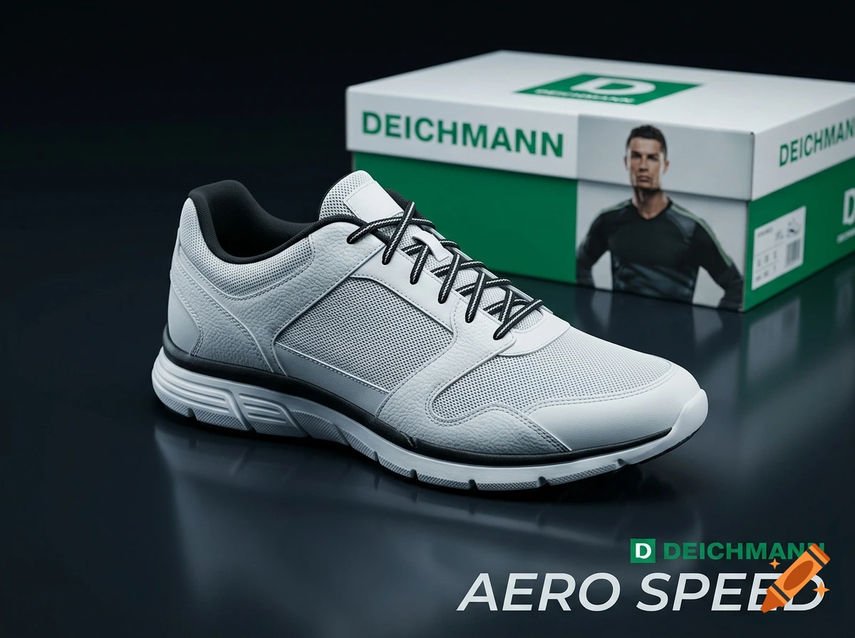 Photorealistic product shot of a white and black sneaker on a dark reflective surface with a Deichmann brand shoe box in the background.