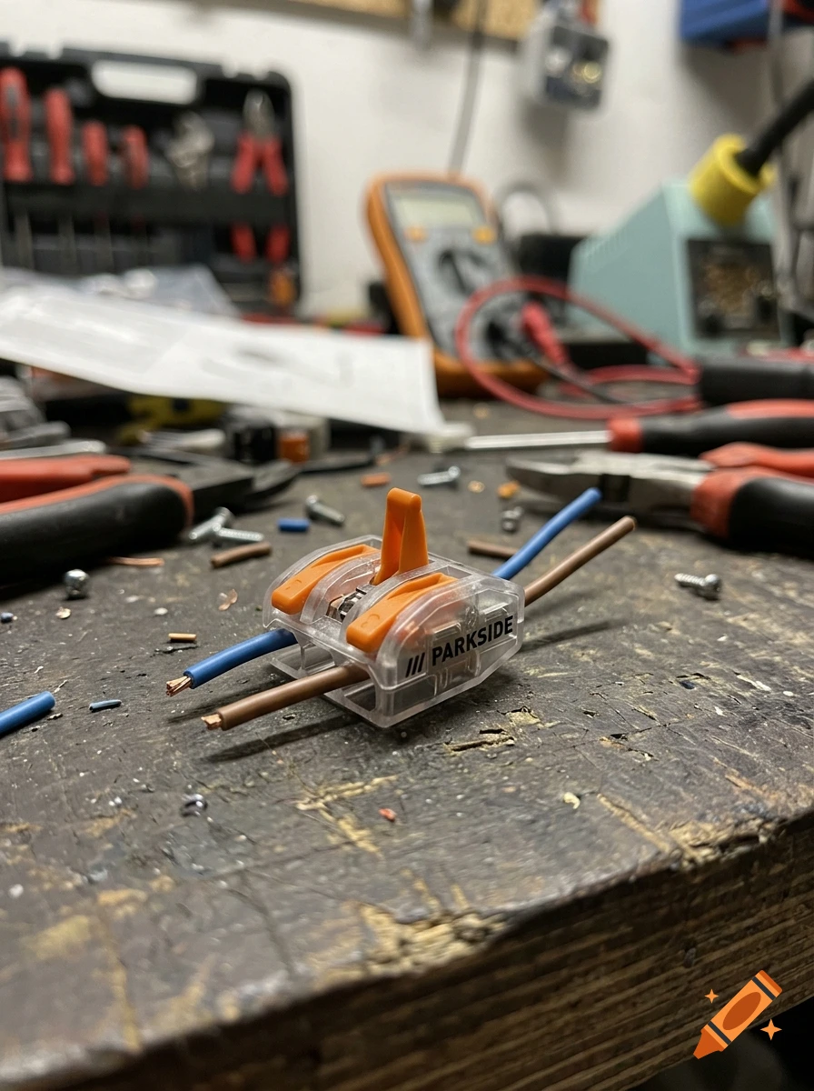 Close-up of a transparent lever wire connector with Parkside branding on a cluttered wooden workbench.