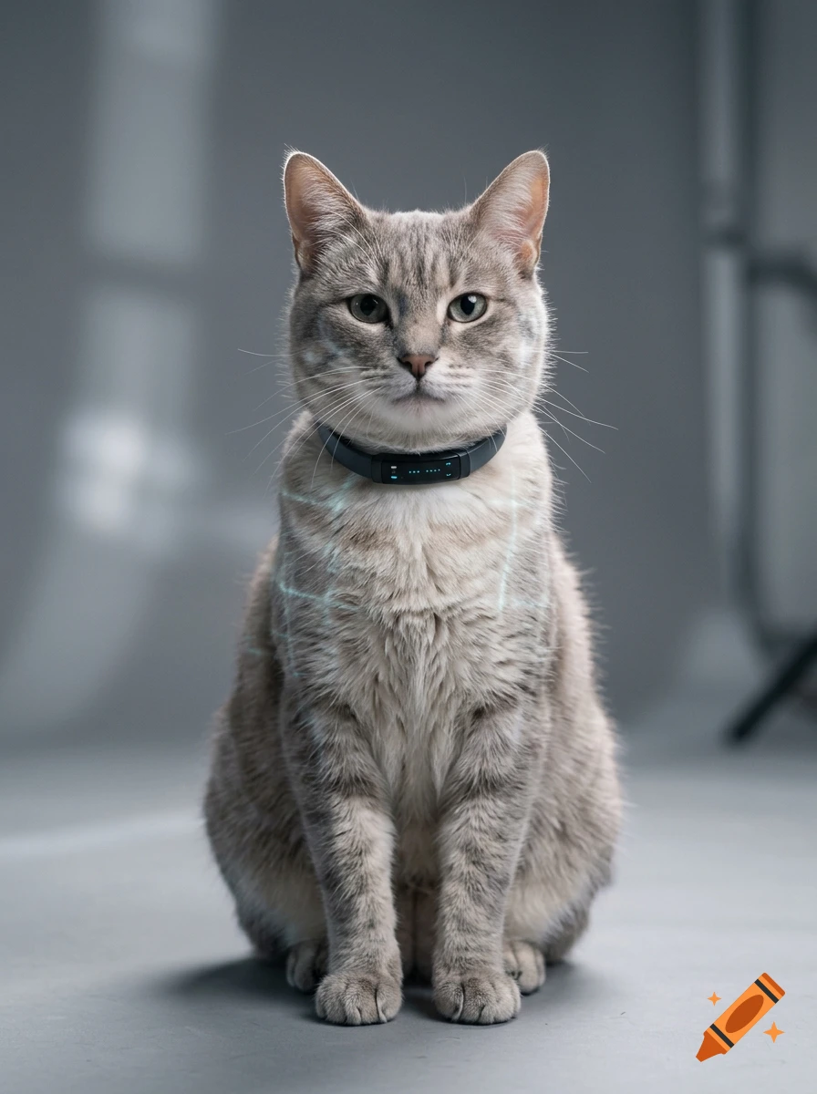 Photorealistic grey tabby cat sitting upright against a grey backdrop, wearing a dark smart collar around its neck.