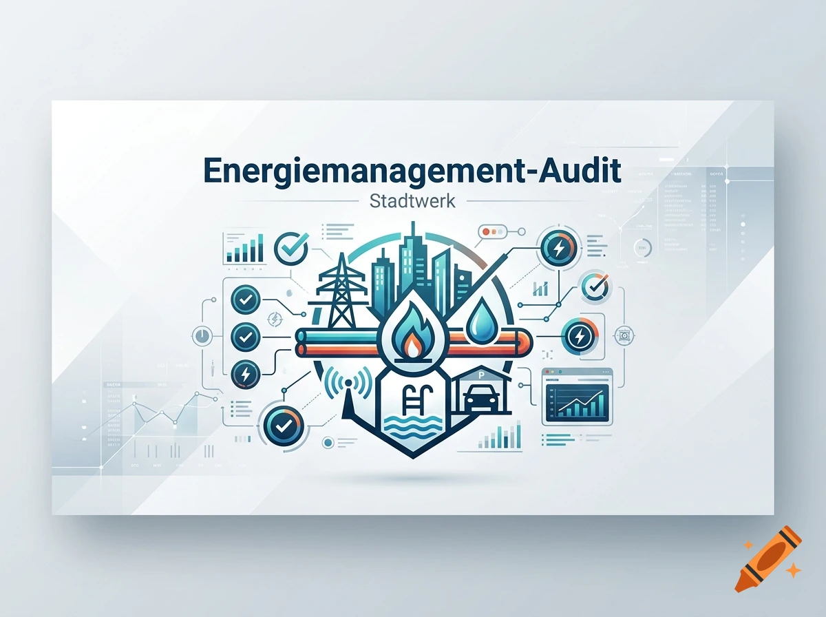 Digital illustration of an energy management audit with icons for gas, water, electricity, and telecommunications.