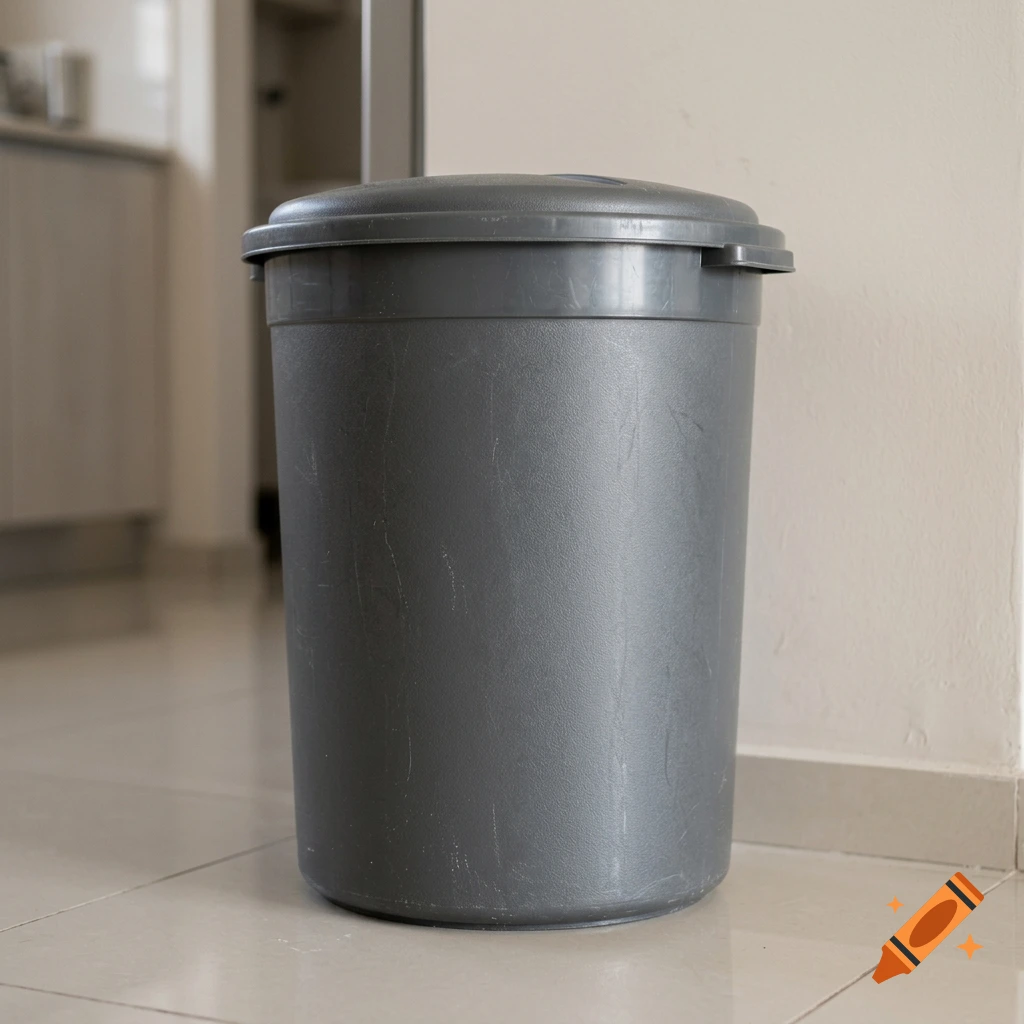 A grey plastic trash can with a lid standing on a tiled floor against a light wall.