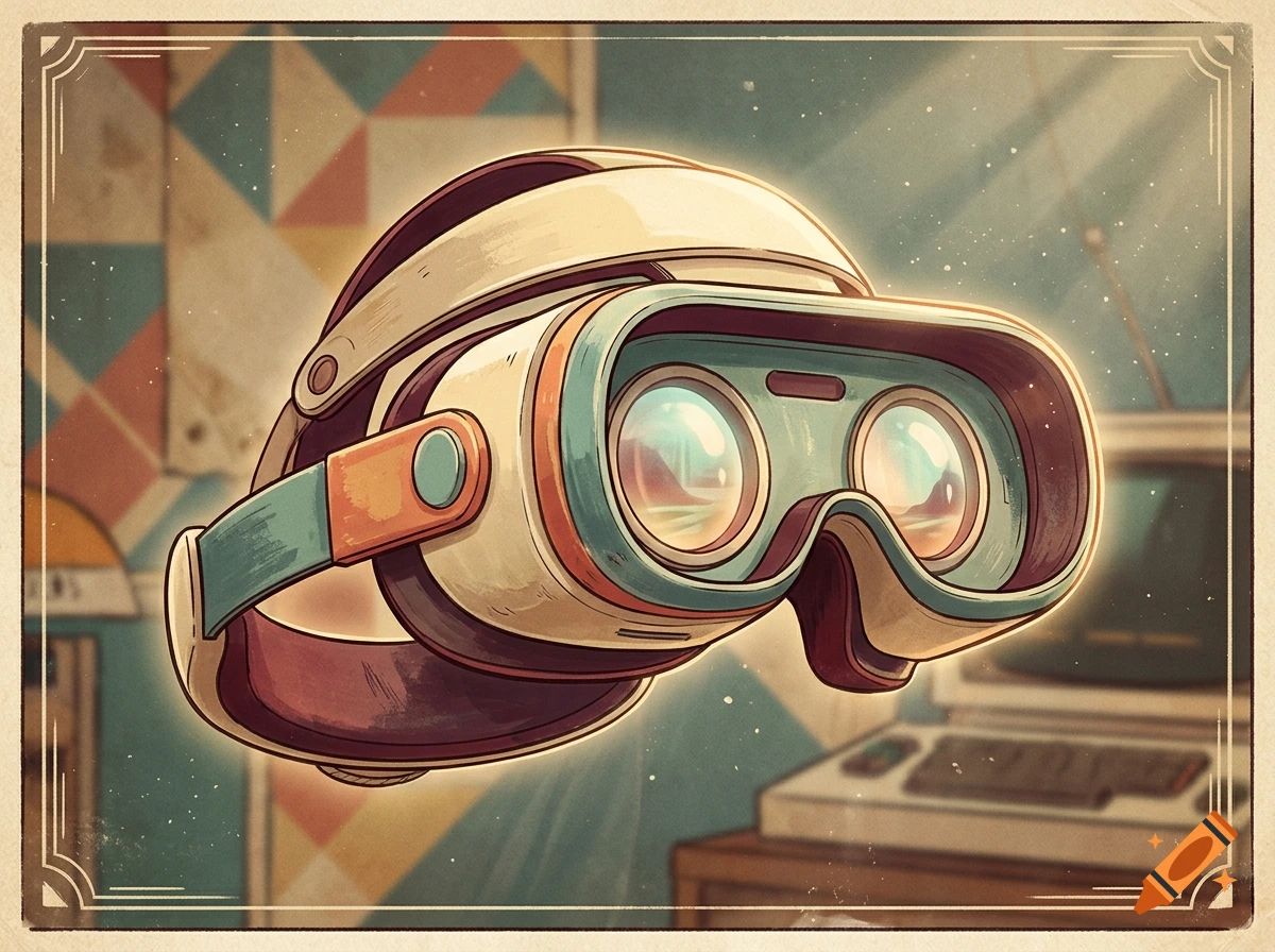 An illustrated retro-futuristic virtual reality headset floating against an interior background.