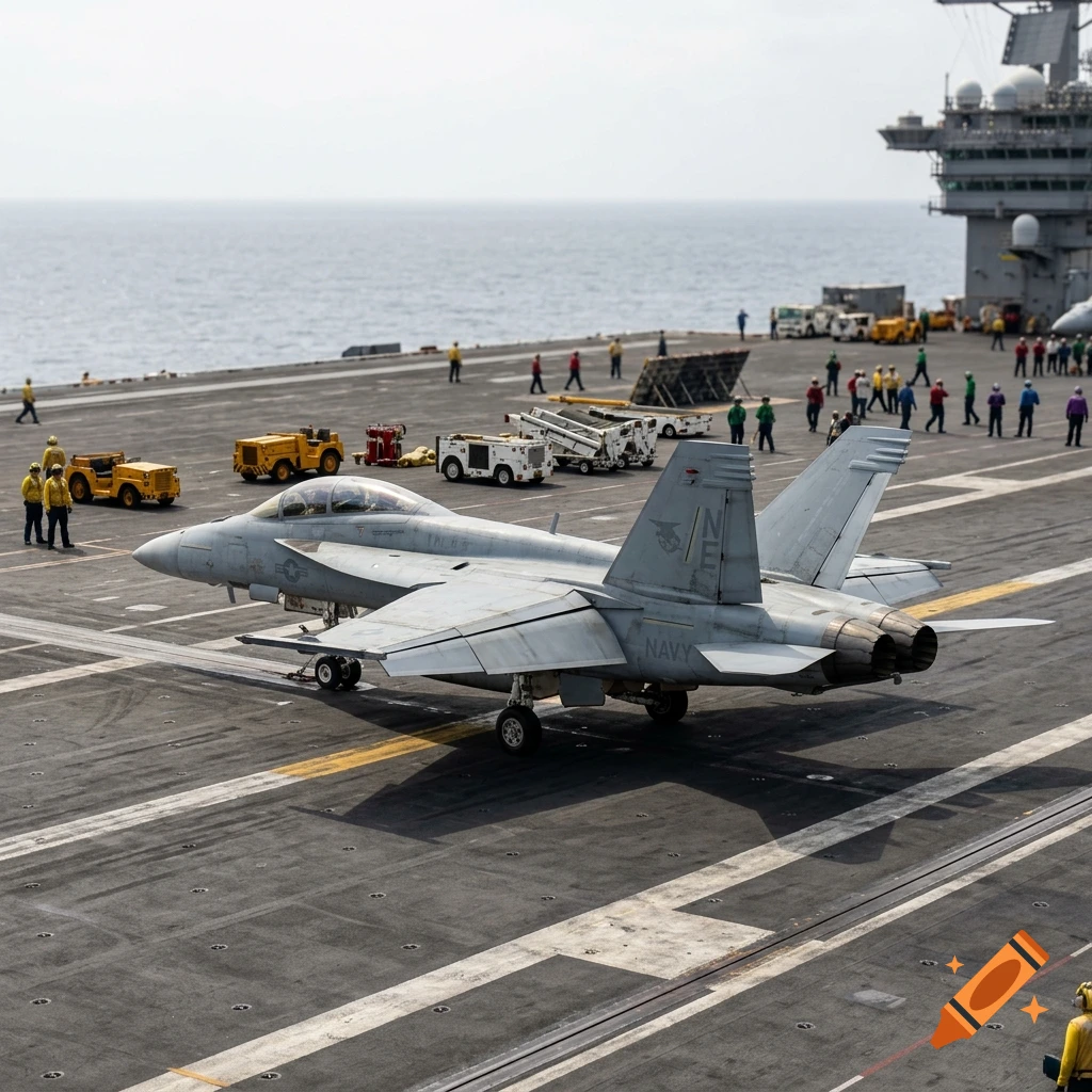 An F/A-18 fighter jet parked on the flight deck of a US Navy aircraft carrier with crew members nearby.