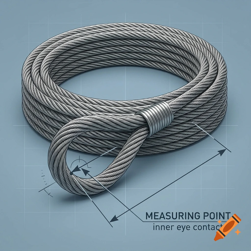 An illustrated technical diagram of a coiled wire rope with a looped end and measurement indicators.