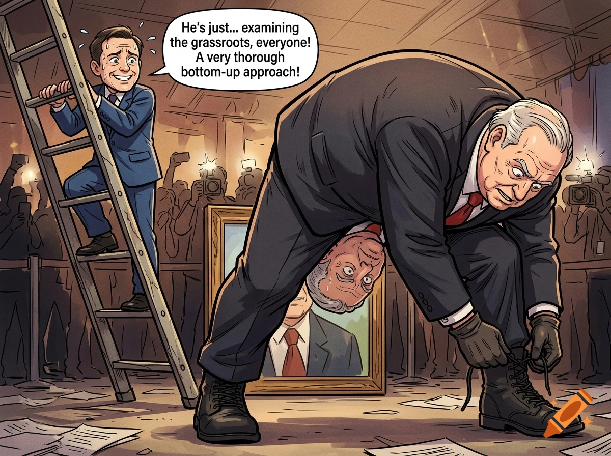 A satirical cartoon of a politician bending over to tie his boot, looking through his legs, while another politician watches from a ladder.