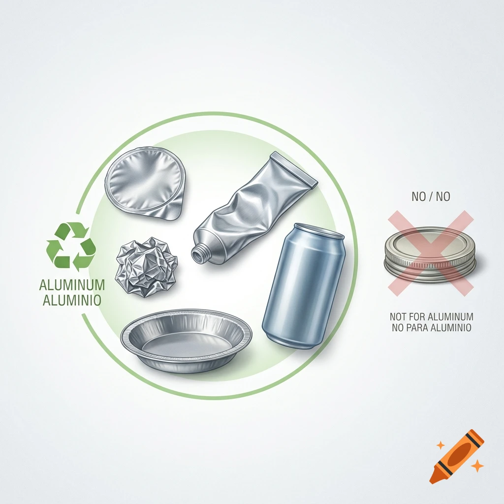 An illustration showing various aluminum items that can be recycled inside a green circle and a metal lid with a red X over it labeled NO / NO.