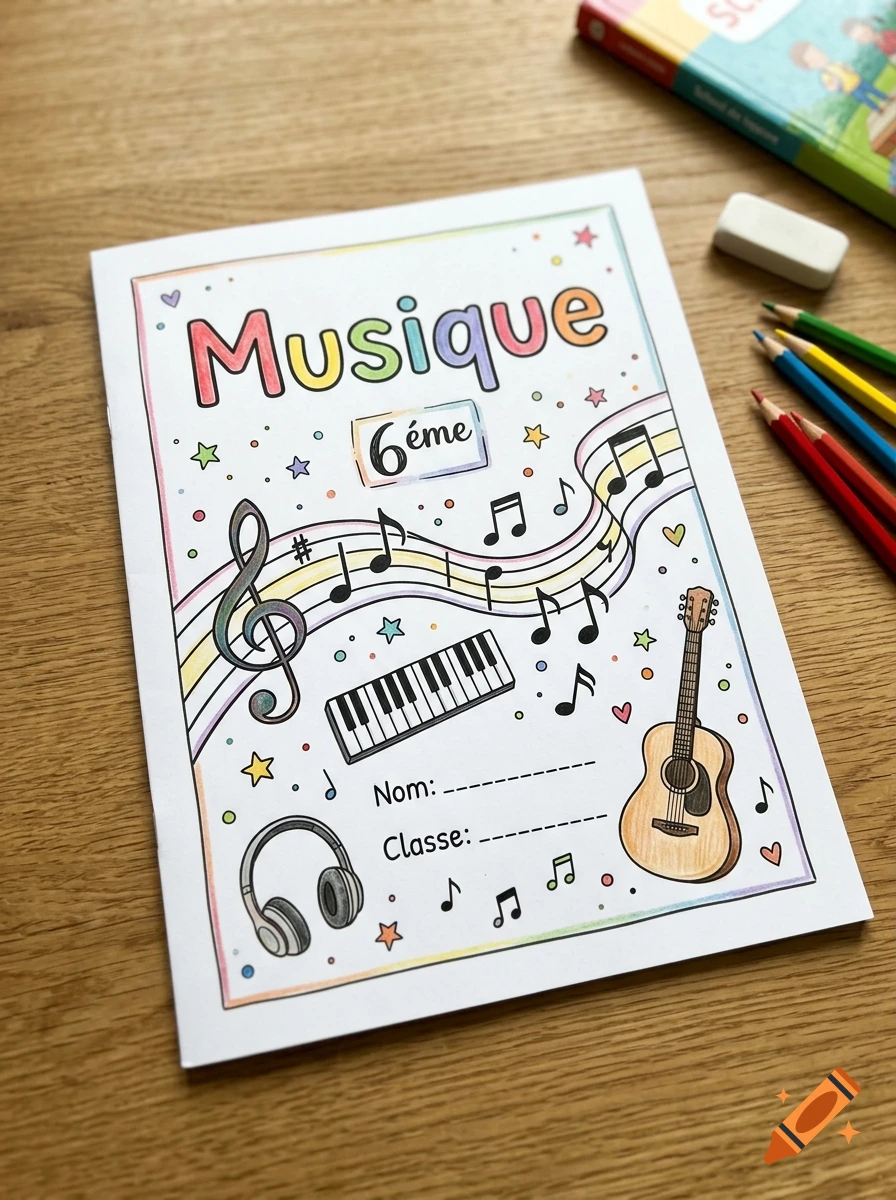 A customized 6eme music notebook cover featuring colorful lettering, musical notes, a keyboard, headphones, and a guitar, on a wooden table.