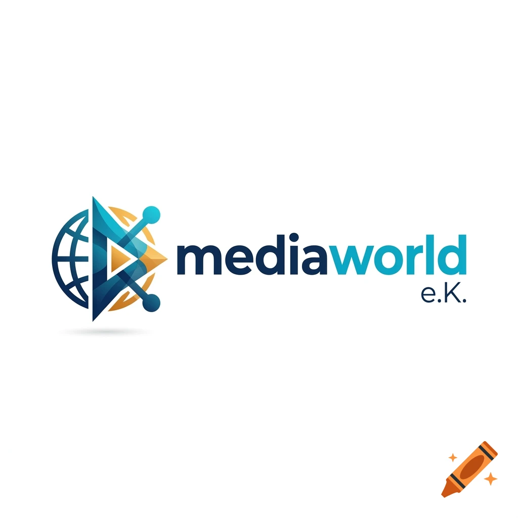 Modern corporate logo for mediaworld e.K. featuring a stylized globe and play button icon in blue and gold tones.