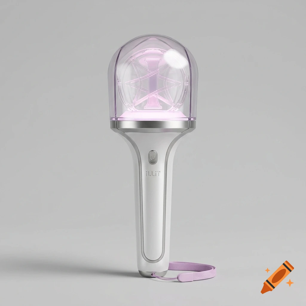 A stylized lightstick with a transparent dome and pink glowing emblem, standing vertically on a grey background.