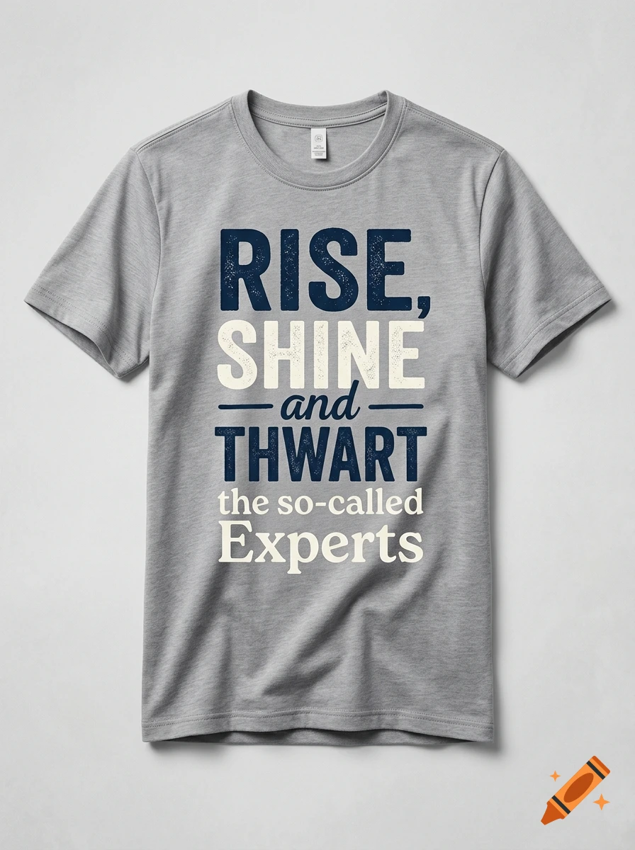 A grey t-shirt featuring the text 'Rise, Shine and Thwart the so-called Experts' in navy blue and off-white lettering.