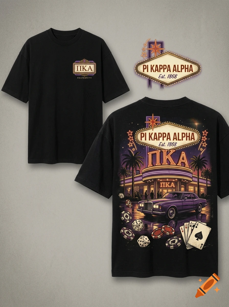 An oversized black t-shirt featuring Pi Kappa Alpha casino and vintage Las Vegas graphics on the front and back.