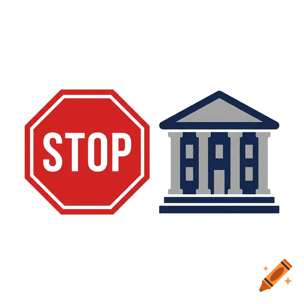 Simple graphic icons of a red stop sign and a blue institutional building on a white background.