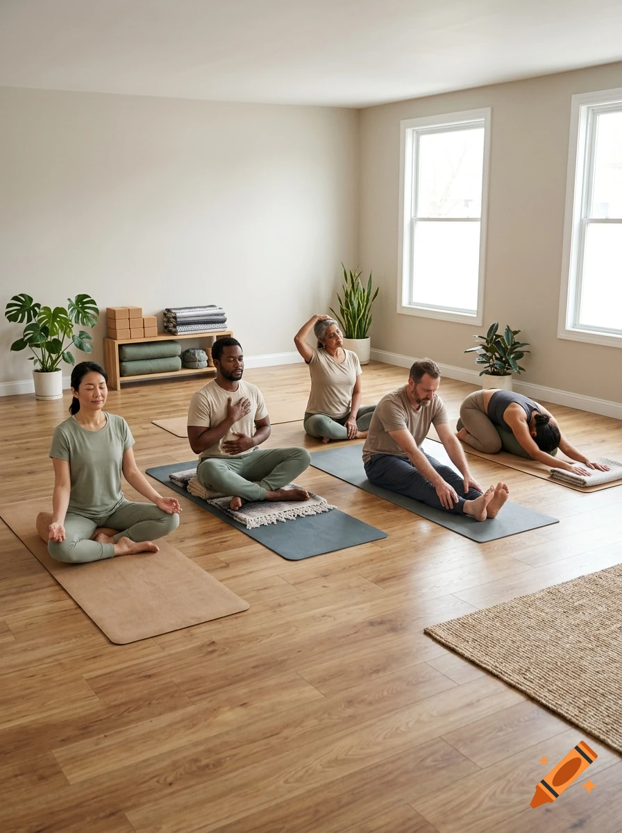 Five diverse people practicing yoga and meditation in a bright, minimalist studio with wooden floors.