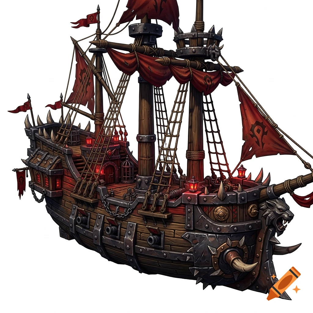 Fantasy Warcraft style naval warship with Horde aesthetic and red sails, isolated on white background, stylized digital art.