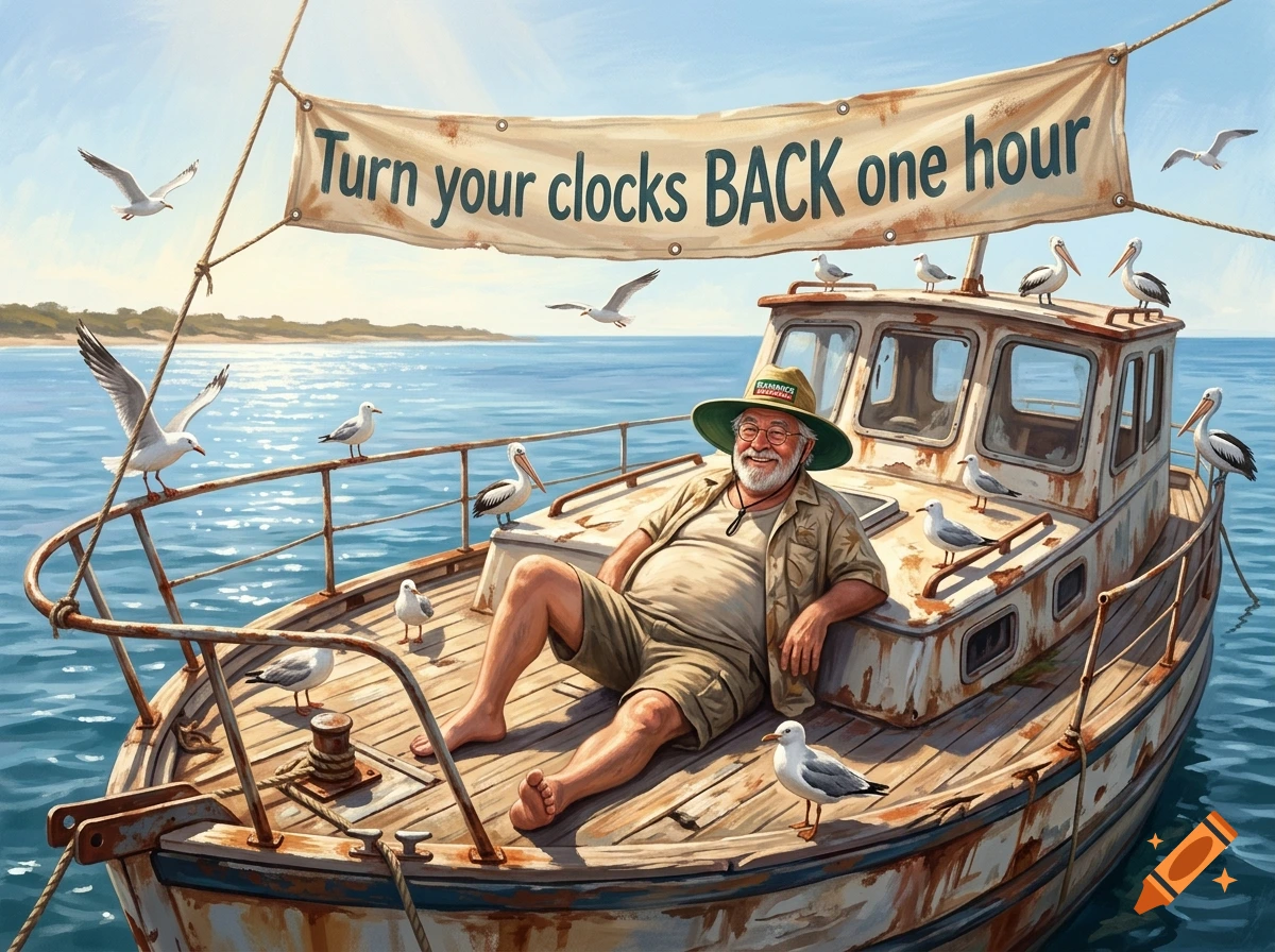 An older man with a beard and straw hat relaxing on the deck of a weathered boat surrounded by seagulls under a banner.