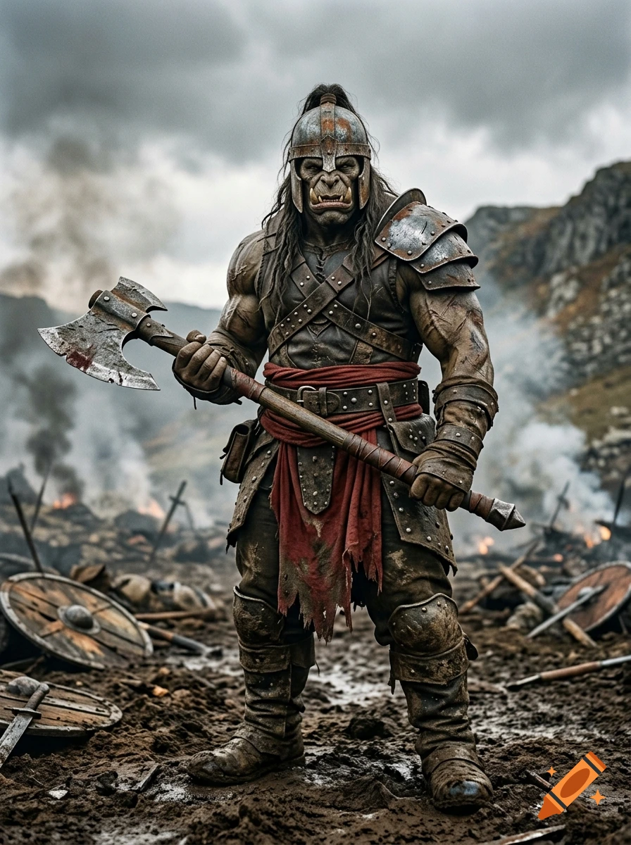 Photorealistic image of a muscular orc warrior in rusted armor holding a battleaxe on a battlefield.