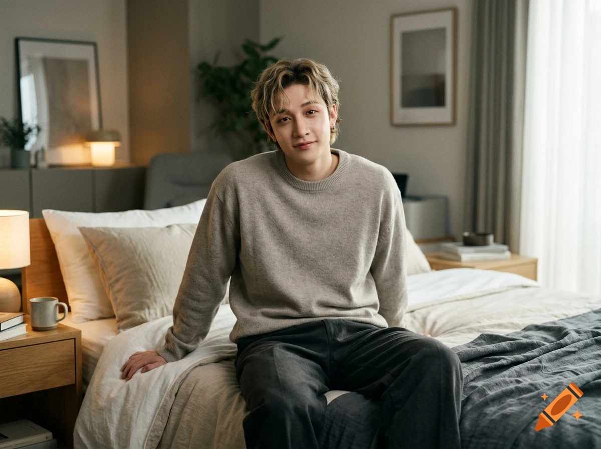 A man with blonde hair wearing a beige sweater and dark pants sits on a bed in a bedroom.