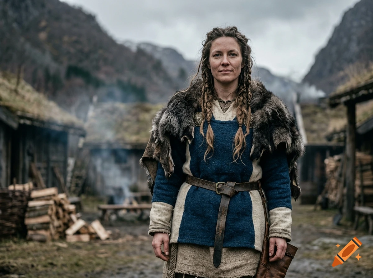 Photorealistic medium shot of a woman in Viking clothes with braided hair standing in a village with mountains in the background.