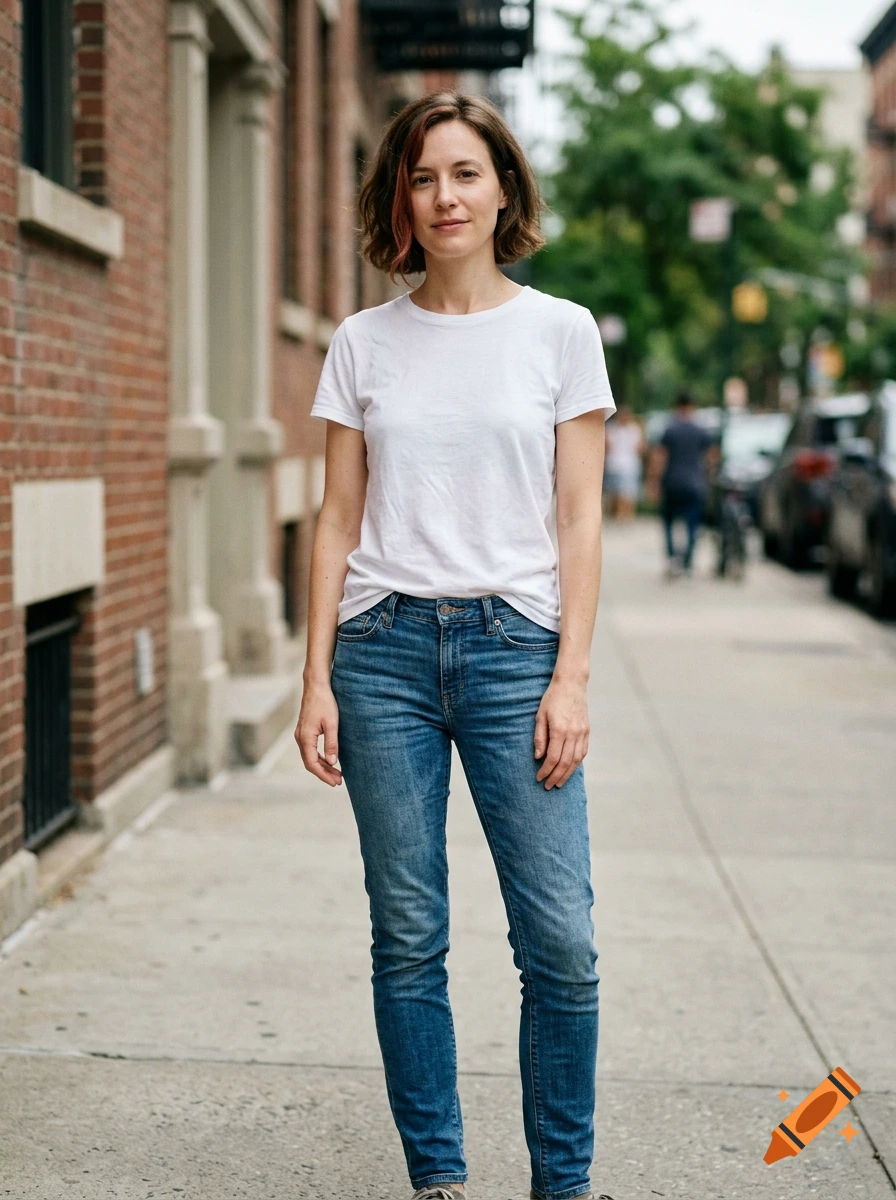 Photorealistic full-body portrait of a young woman with short hair and a red streak, wearing a white t-shirt and jeans on a city sidewalk.