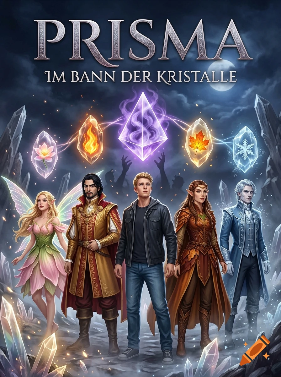 A fantasy book cover titled PRISMA - IM BANN DER KRISTALLE featuring five characters standing beneath five glowing magical crystals in a night landscape.