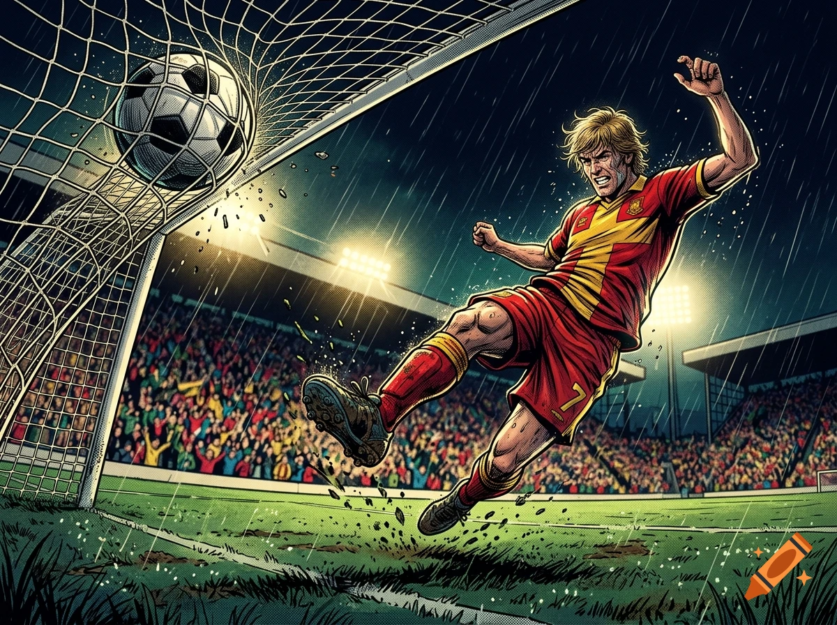 Comic book style illustration of a footballer scoring a goal into the net during a rainy match in a crowded stadium.