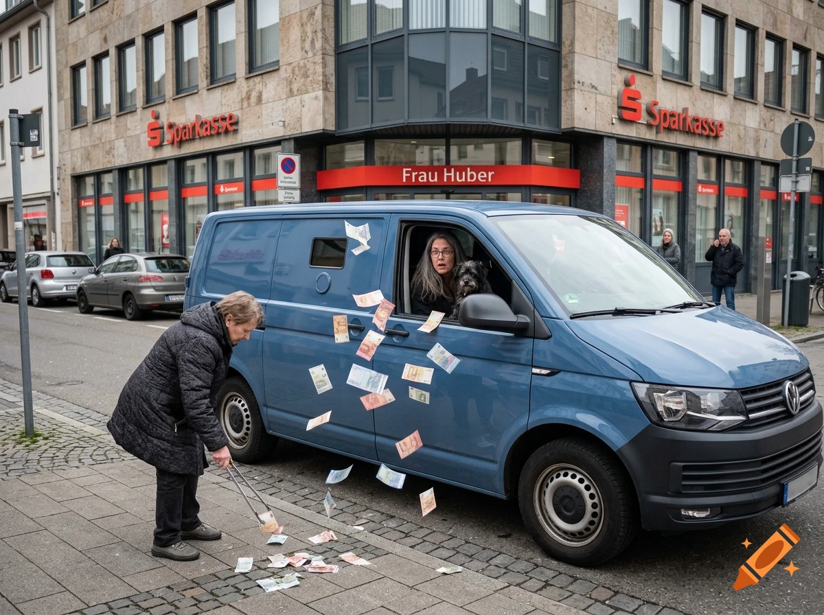 Photorealistic scene of a woman and dog in a blue VW van as euro banknotes fly out, while another woman gathers them with tongs.