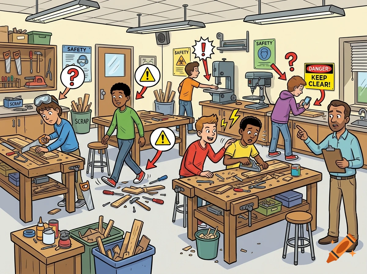 Comic style illustration of students making safety mistakes in a school workshop, with a teacher supervising.