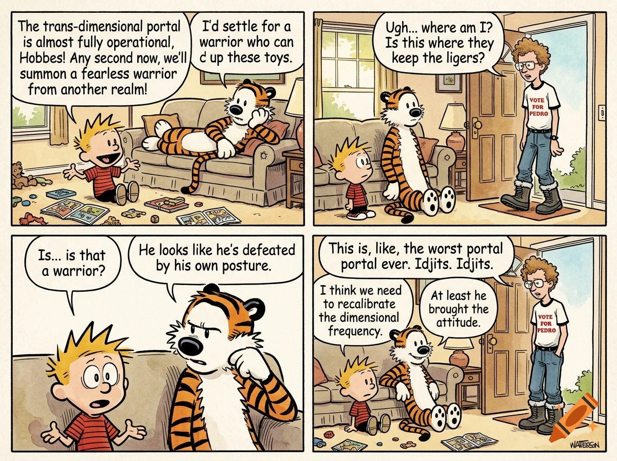 A four-panel comic strip in the style of Calvin and Hobbes featuring Napoleon Dynamite walking into the room.