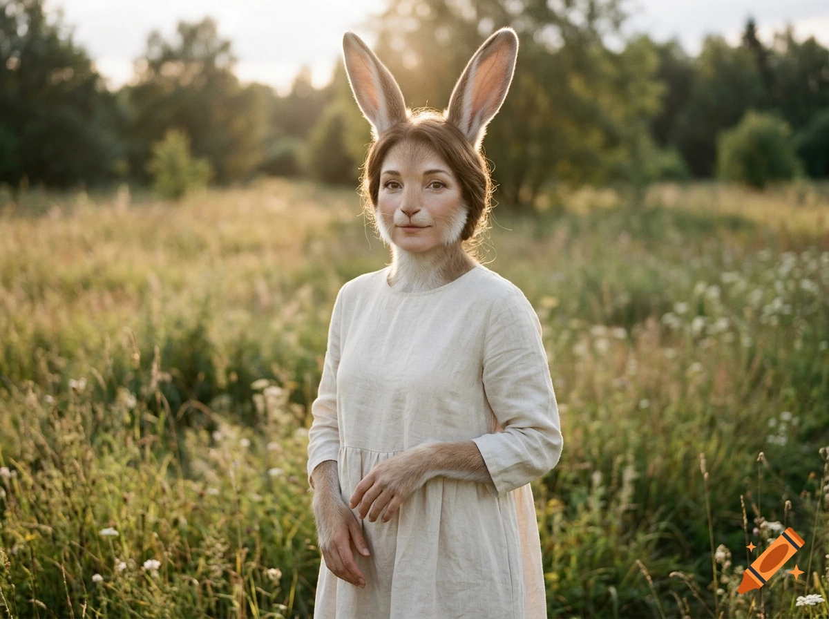 A photorealistic portrait of an anthropomorphic rabbit woman with human-like features and rabbit ears, standing in a grassy meadow at sunset.