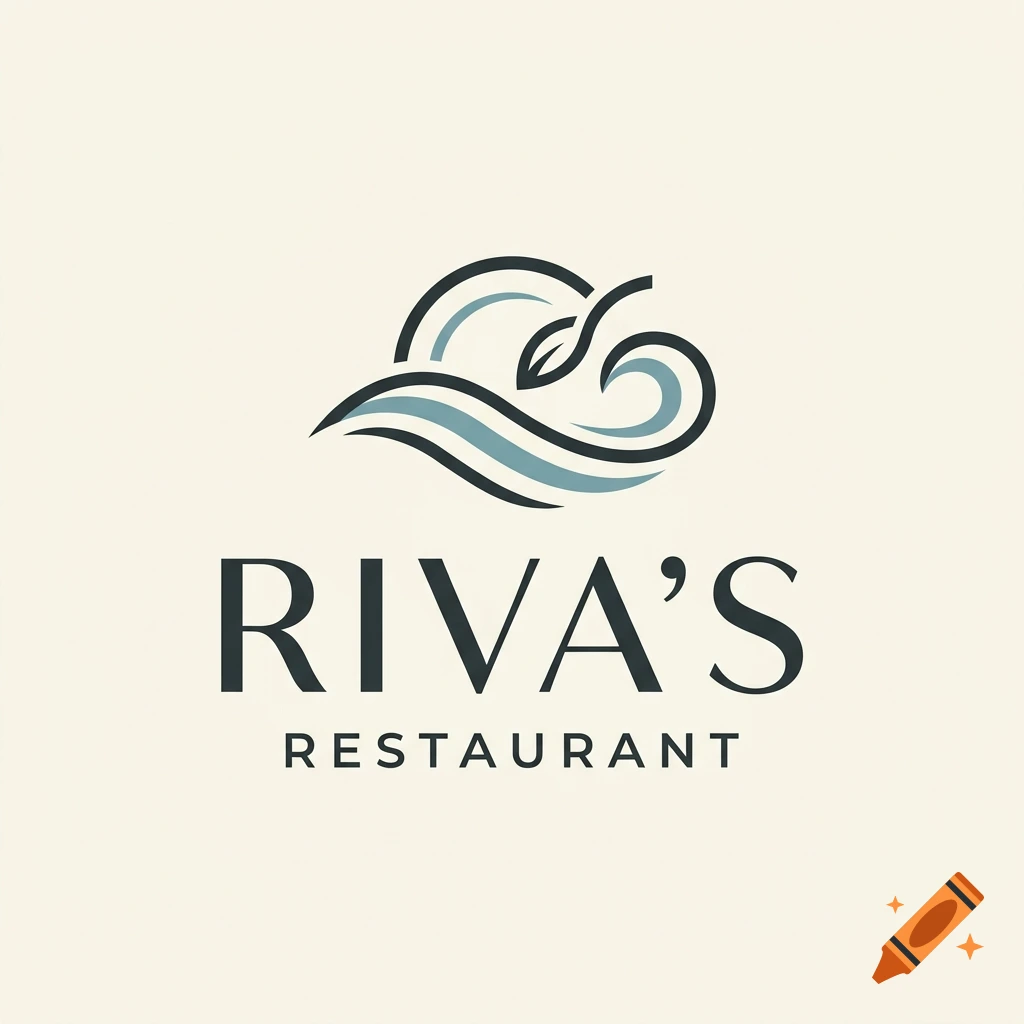 Minimalist logo for Riva's Restaurant featuring stylized waves and a leaf in dark teal and beige.