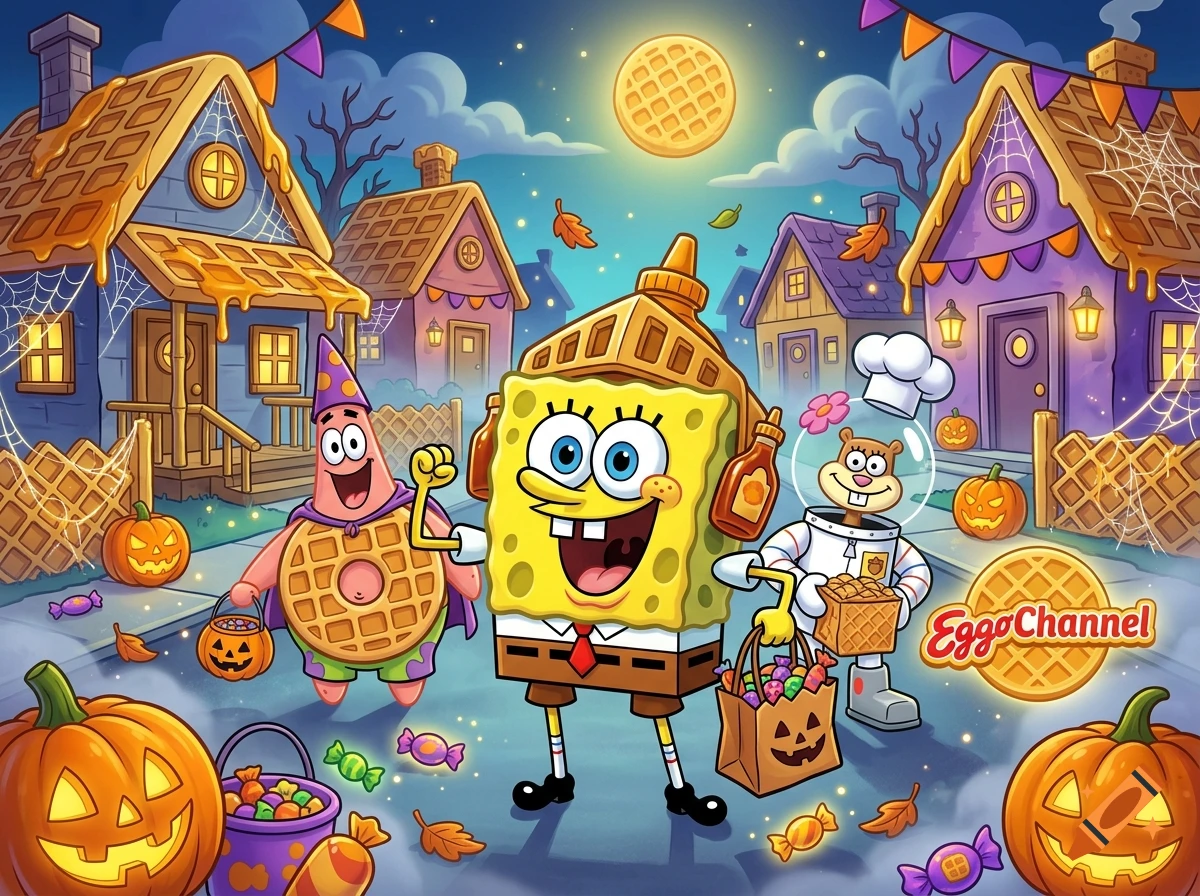 SpongeBob SquarePants and Patrick dressed in waffle costumes trick-or-treating in a spooky Halloween village, digital cartoon style.