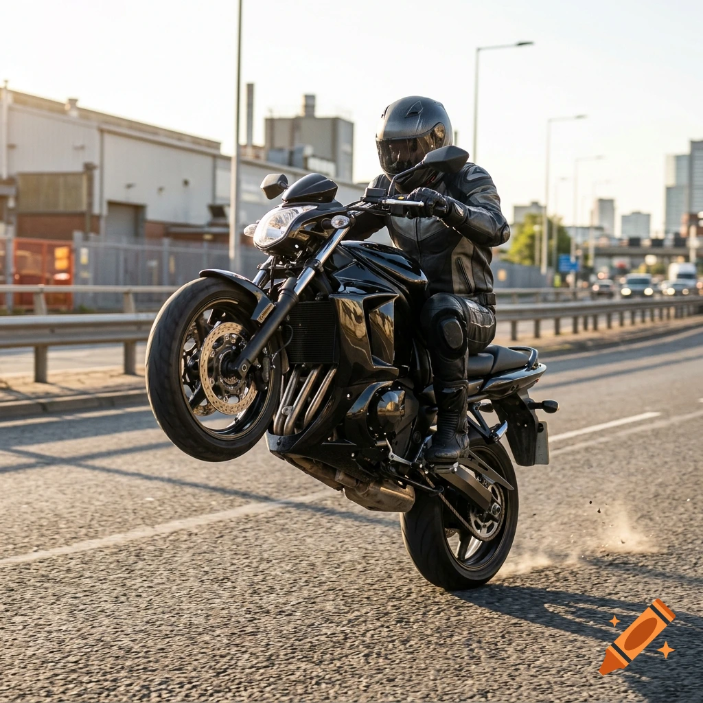 A motorcyclist in a black jacket and helmet performs a wheelie on a city street, raising the front wheel of the black motorcycle into the air.