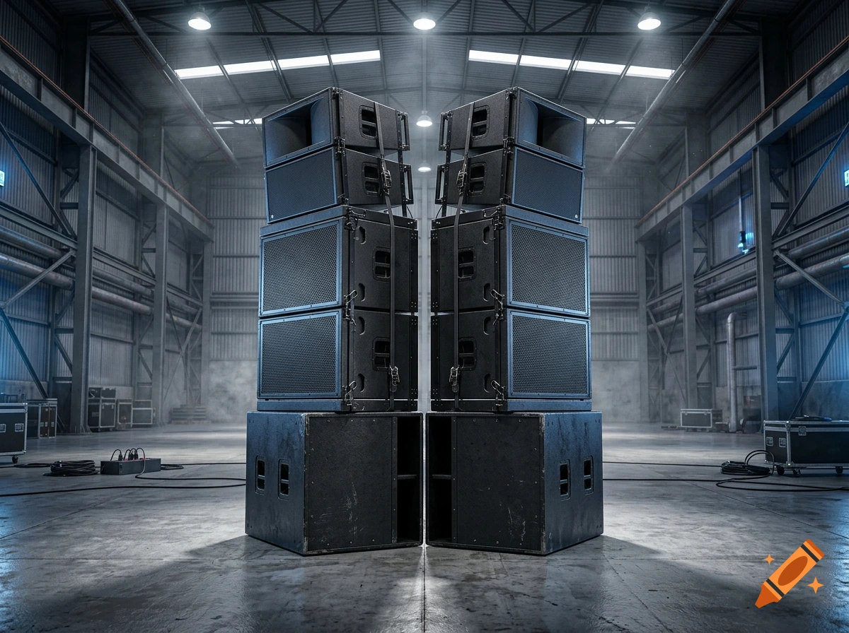 Photorealistic image of a large sound system stack with heavy-duty speakers inside a vast industrial warehouse.