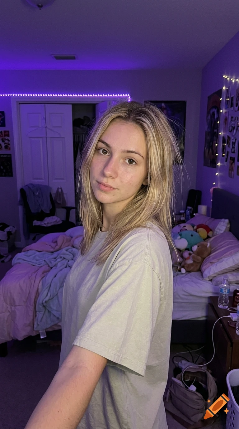 A close-up selfie of a young blonde woman with brown eyes in a dimly lit bedroom with purple lighting.