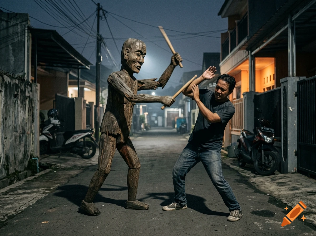 A man defending himself with a stick against a giant wooden mannequin on a street at night, photorealistic.