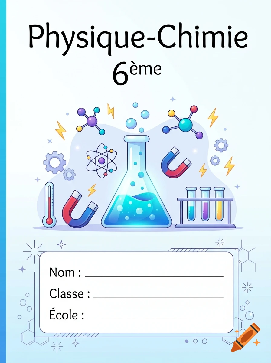 Illustration for a 6th-grade physics and chemistry notebook featuring lab equipment, atoms, and formulas on a light blue background.