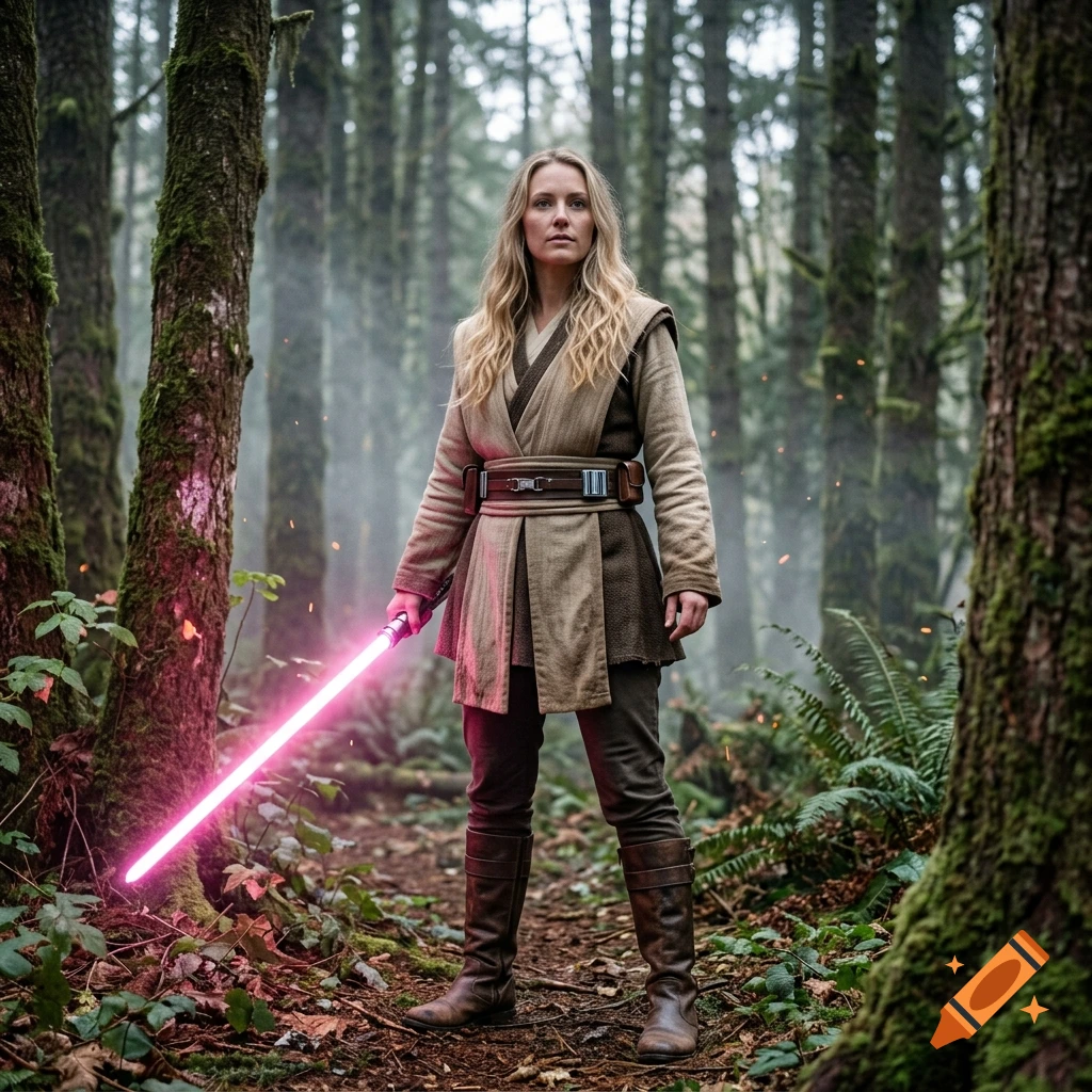 Photorealistic full-body portrait of a blonde female Jedi standing in a lush mossy forest holding a glowing pink lightsaber.