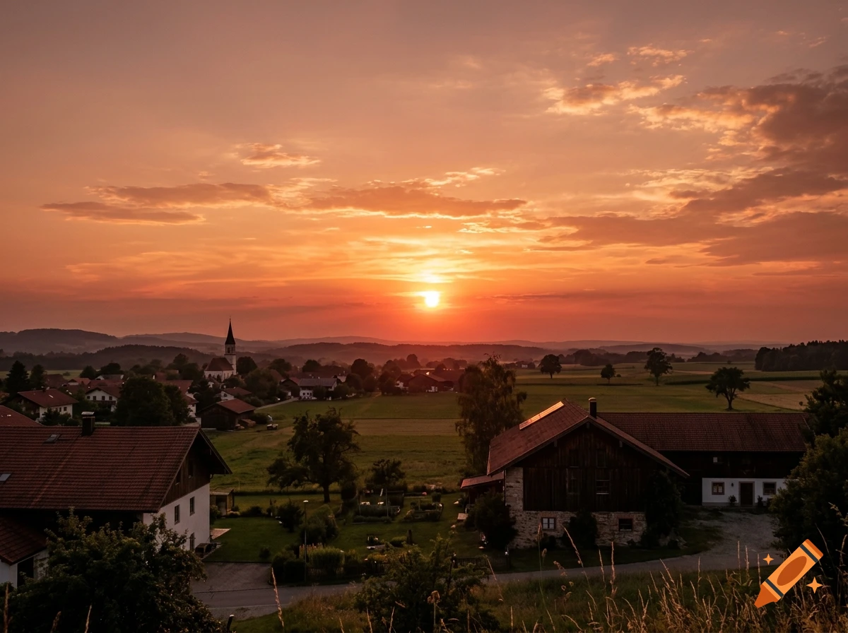 Photorealistic landscape view of a village with houses and a church steeple under a vibrant sunset sky.