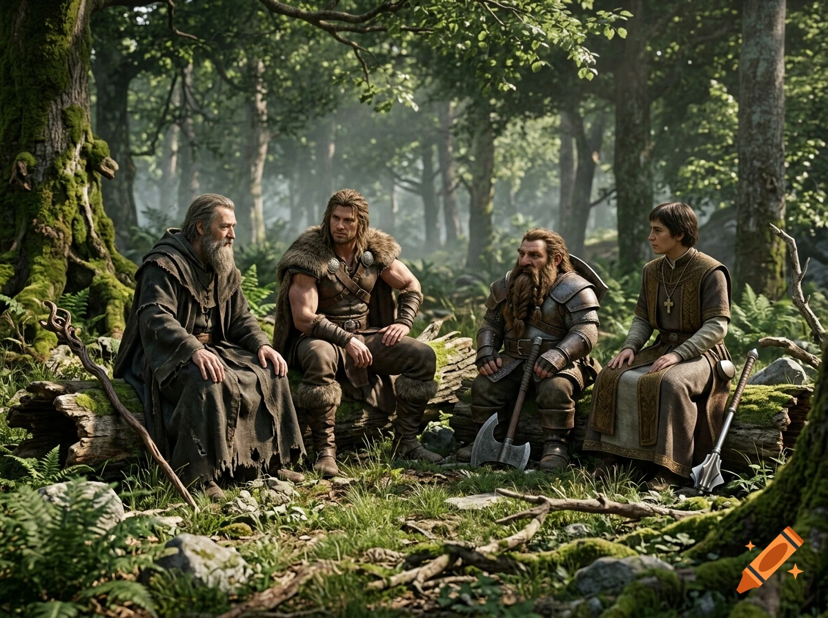 Photorealistic image of a wizard, barbarian, dwarf, and cleric sitting together on logs in a lush forest clearing.