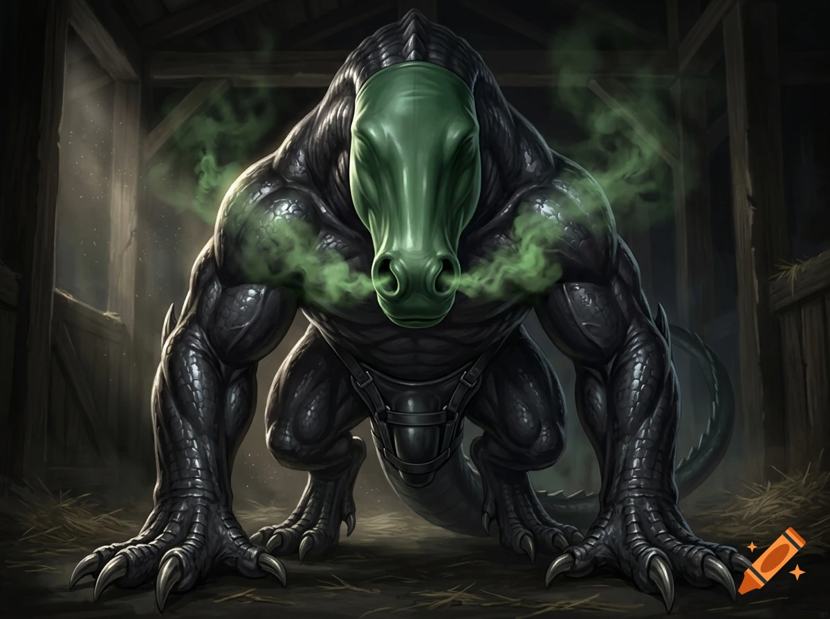 Digital art of a muscular black dragon-like creature with a green latex mask and heavy breeding guard, standing in a dark stable.