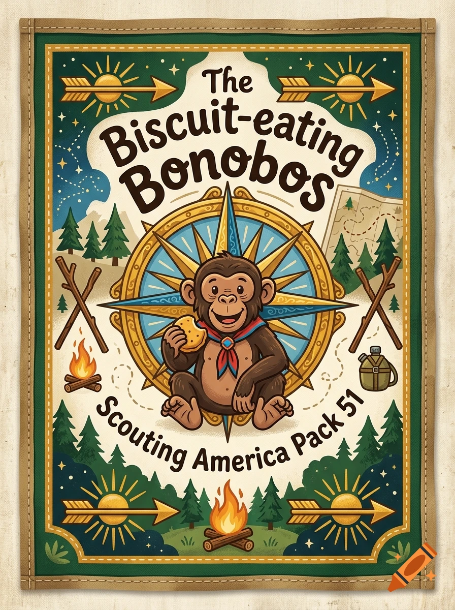 Whimsical cartoon scouting flag for The Biscuit-eating Bonobos, featuring a monkey eating a biscuit, compass, and camp elements.