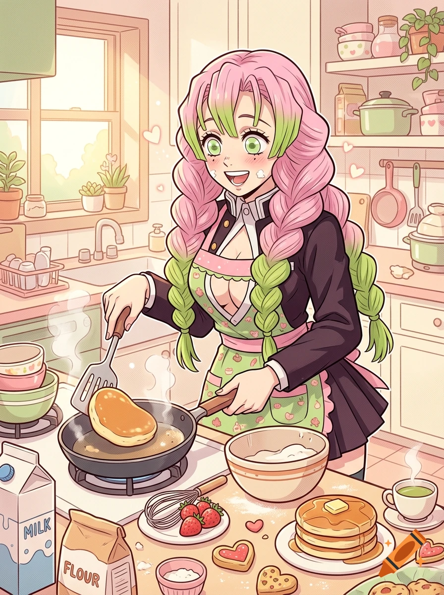An anime-style illustration of a smiling woman with pink and green braided hair cooking pancakes in a cozy kitchen.