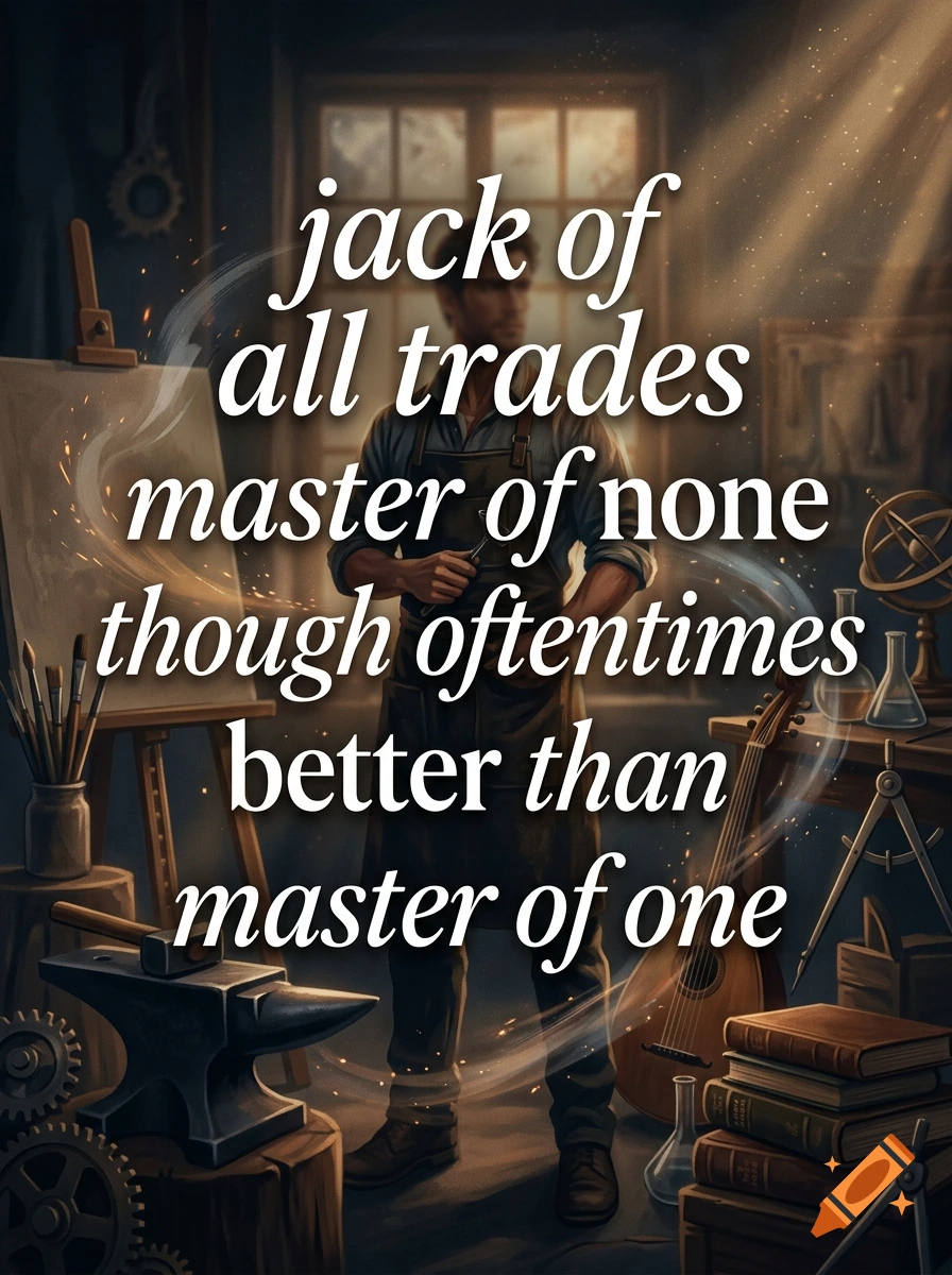 A digital illustration of a craftsman in a workshop surrounded by tools, with the quote 'jack of all trades master of none though oftentimes better than master of one' overlaid in white text.